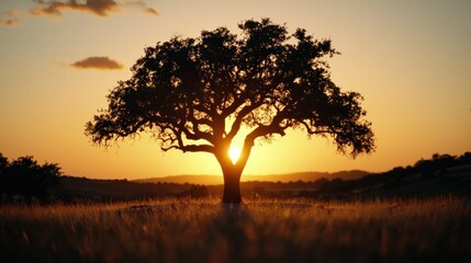 Fototapeta premium Majestic tree silhouette against a brilliant golden sunset landscape view