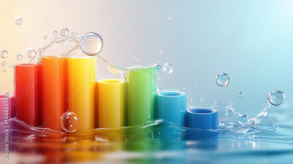 Fototapete Striking abstract composition features rainbow colored cylinders partially submerged in water, with water droplets creating dynamic and vibrant scene