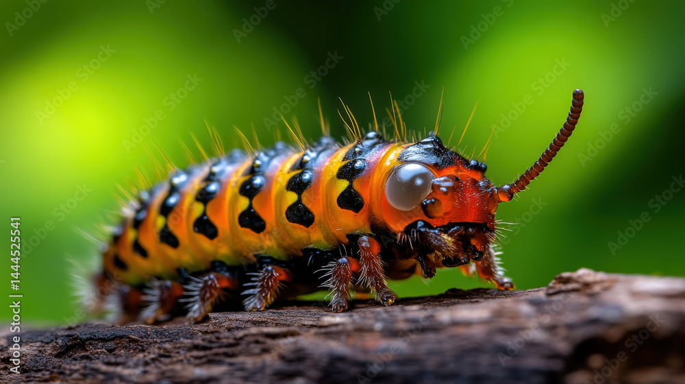Poster striking extreme macro photograph of caterpillar with vibrant colors and intricate details, showcasi