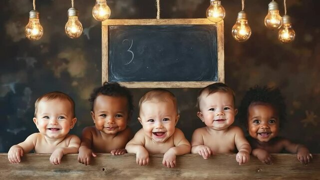 A group of babies sitting in front of a blackboard with a number 3 on it