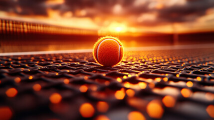Tennis ball rests on court net at sunset, casting warm glow and creating serene atmosphere. blurred background highlights vibrant colors of sky