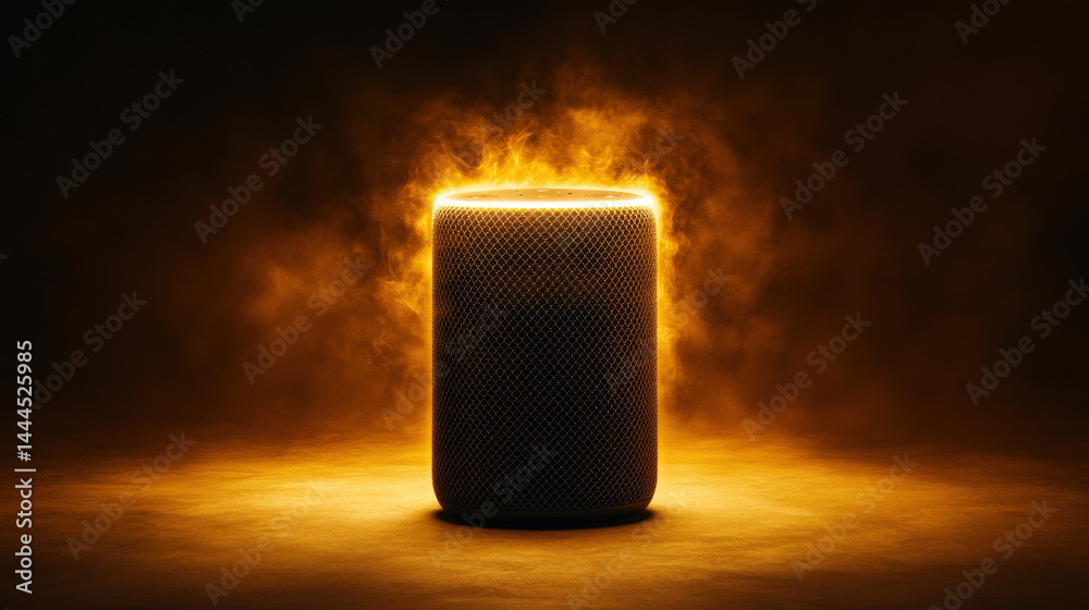 Poster smart speaker emits warm, glowing light, creating dramatic and futuristic atmosphere. cylindrical de