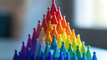 A structured organizational pyramid with leadership at the top and various departments below, represented by colorful figures.