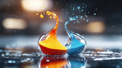 Vibrant sand clock with colorful gradient sand streams creates dynamic and artistic display. orange and blue sand appear to splash energetically, symbolizing passage of time