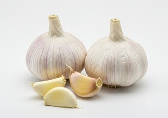 Obraz premium A close up of two garlic bulbs and several cloves on a plain white background in a studio setting