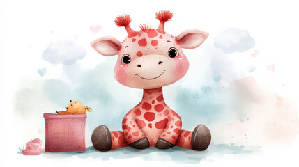 Fototapeta premium Watercolor illustration of cute pink giraffe doll with smiling expression, sitting next to small toy bear. background features soft clouds and hearts, creating whimsical atmosphere