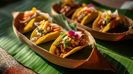 Delicious tacos served on a banana leaf platter during a festive gathering
