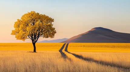 Naklejka premium A solitary tree stands on a golden field near mountains