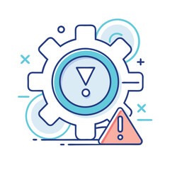 Gear with Warning Sign Icon, Blue Outline Style. Symbol of Caution, Maintenance, Problem