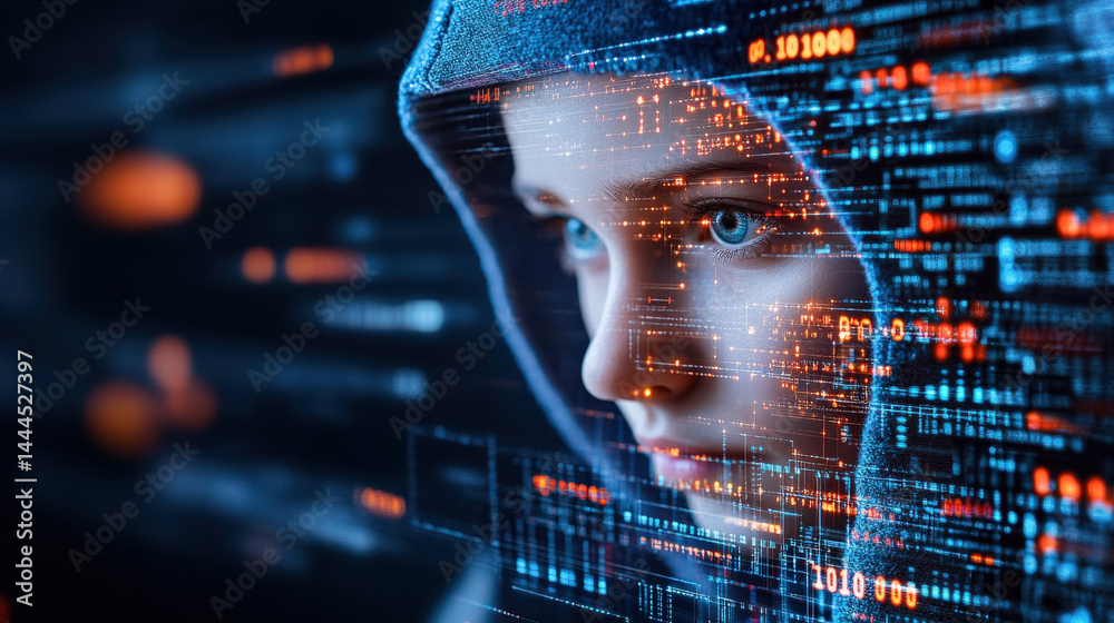 Poster person wearing hood is surrounded by digital code, symbolizing intersection of technology and human 