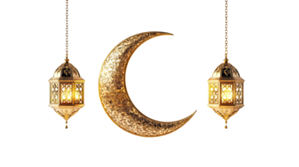 Ramadan gold crescent, lantern, cut out transparent