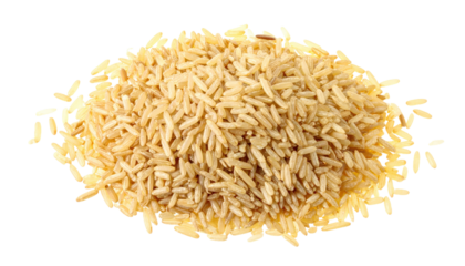 Integral, uncooked long grain brown rice pile isolated on white background, top view 