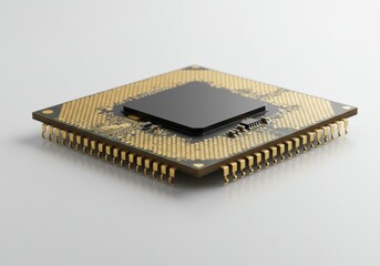 Close up shot of a microchip with gold pins and a black square on a white surface in a studio shot