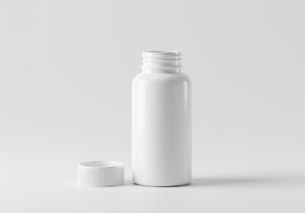 A white plastic bottle with an open cap on a white background in a studio setting with soft lighting