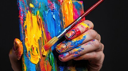 Obraz premium A hand holding art supplies covered in colorful painting pigment