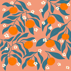 Fototapeta premium seamless oranges tangerine with white flower and green leaves illustration for wallpaper background or wrapping