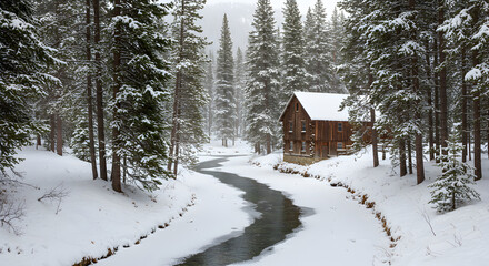Naklejka premium Secluded Winter Cabin By Frozen Stream In Evergreen Forest Scene