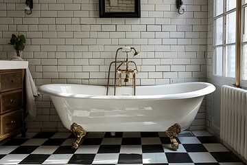 Black-and-white tiles, brass fixtures, and a freestanding tub. 