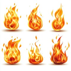set of different burning flames isolated on white background,