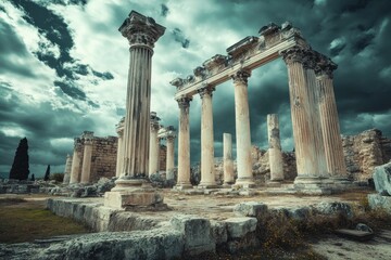 Ancient ruins with impressive columns under a dramatic cloudy sky at midday, Ancient ruins with columns under cloudy sky