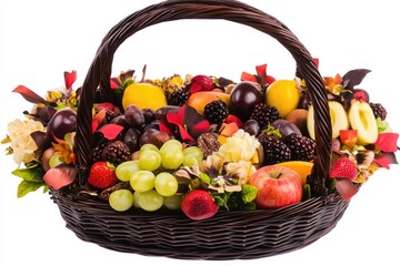 A lavish fruit basket overflowing with a variety of colorful fruits and decorative elements  Inside, apples, plums, grapes, berries, and more are nestled amongst artificial flowers and foliage