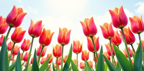Fototapeta premium Low angle view of tulips pattern with watercolor effect, artistic, bloom, bright