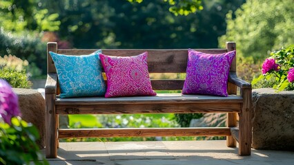 A cozy wooden bench adorned with colorful cushions, set in a lush garden with flowering plants in the background. Concept Cozy Garden Bench, Colorful Cushions, Lush Greenery, Flowering Plants