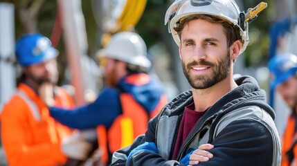 Electrician's professional portrait overseeing electrical installations in urban setting