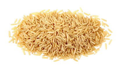 Integral, uncooked long grain brown rice pile isolated on white background, top view 