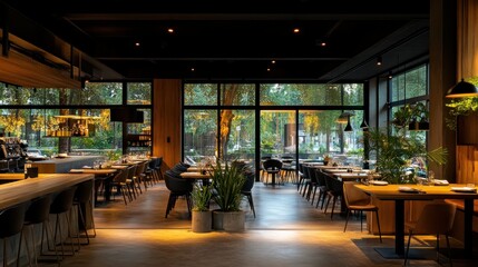 Modern restaurant interior with large windows overlooking a park