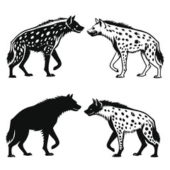 Hyena Silhouette Set Black and White Poses, Walking, Facing Each Other, Spotted, African