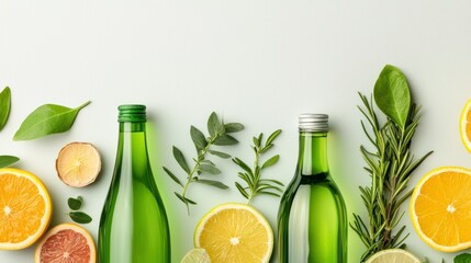 Green glass bottles with citrus fruits and sprigs of greenery