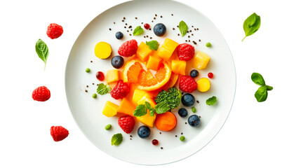 Orange, mango, raspberry plate, cut out transparent