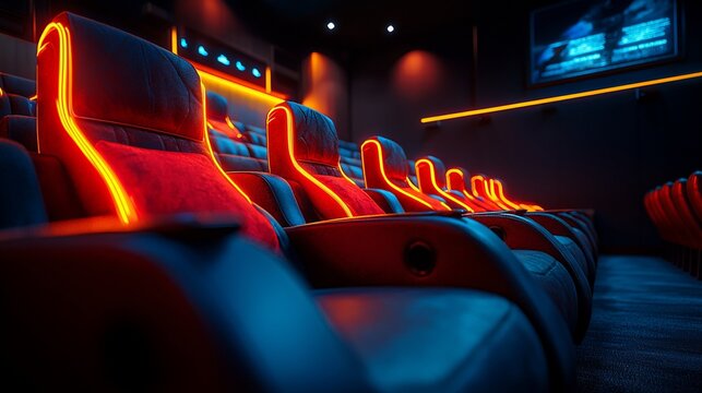 Comfortable movie theater seats lit by vibrant neon lights