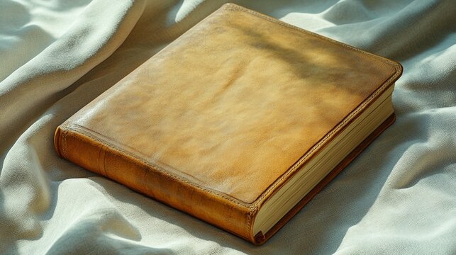 Vintage leather-bound book resting on a soft fabric.