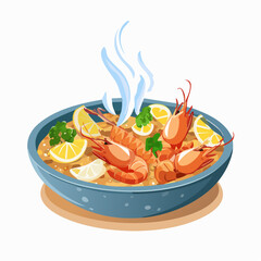 Steamed Shrimp with Spicy Dipping Sauces and Fresh Vegetables in Vector Style Illustration


