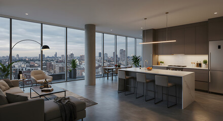 Panoramic City View Modern Apartment Interior Living And Kitchen Space