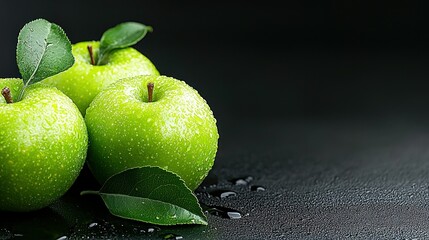 Three Green Apples with Water Droplets on a Dark Surface