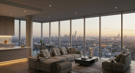 Sophisticated Apartment With Stunning City View At Sunset Time