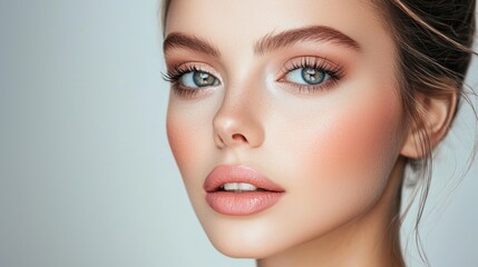 Fototapeta premium Classic bridal makeup with soft pink lips and dewy skin.