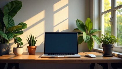 Cozy home office setup with laptop and plants, desk, laptop, workspace