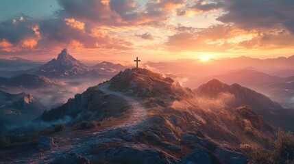 Naklejka premium religion background, christian cross on the mountain road over sunset sky