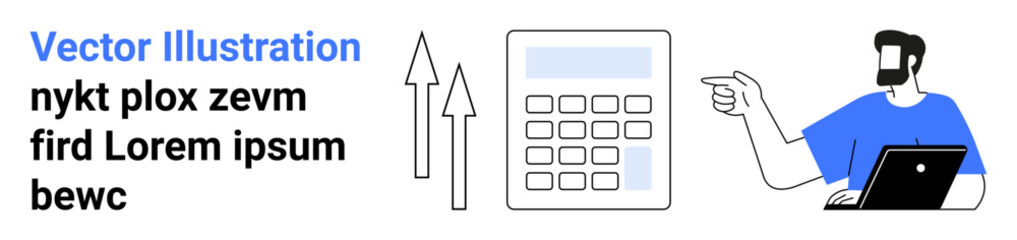 Man working on laptop gestures toward calculator and upward arrows, conveying analysis and growth. Ideal for finance, business strategy, accounting, data trends, research, education, flat landing