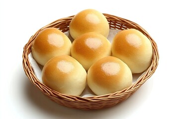 Round, golden-brown dinner rolls in a light brown wicker basket  Each roll is a perfect dome shape