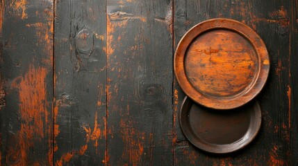 Two wooden plates arranged on rustic distressed timber surface