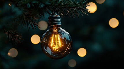A Glowing Light Bulb Hanging from a Green Fir Branch
