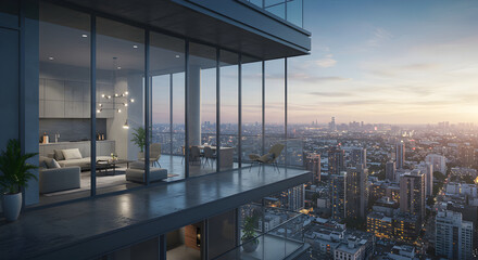 Obraz premium Modern Penthouse Apartment With City Views During Golden Hour