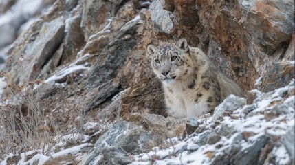 Fototapeta premium Elusive Snow Leopard in Rocky Mountain Habitat