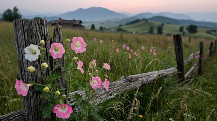 Obraz premium Pink and white flowers growing along a weathered wooden fence