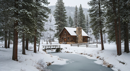 Secluded Cabin In Snowy Forest With Icy River And Footbridge